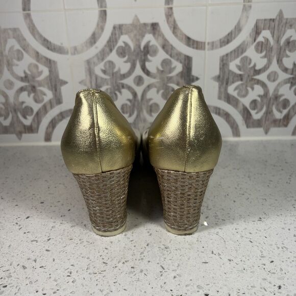 COLE HAAN AIR‎ ESPADRILLE LEATHER WEDGES OPEN TOE SHOES WOMAN SZ 8.5B GOLD - Picture 4 of 7
